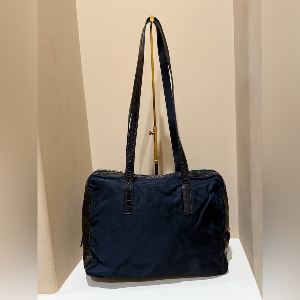 Prada Black Nylon & Croc 🐊 Embossed Leather Handbag